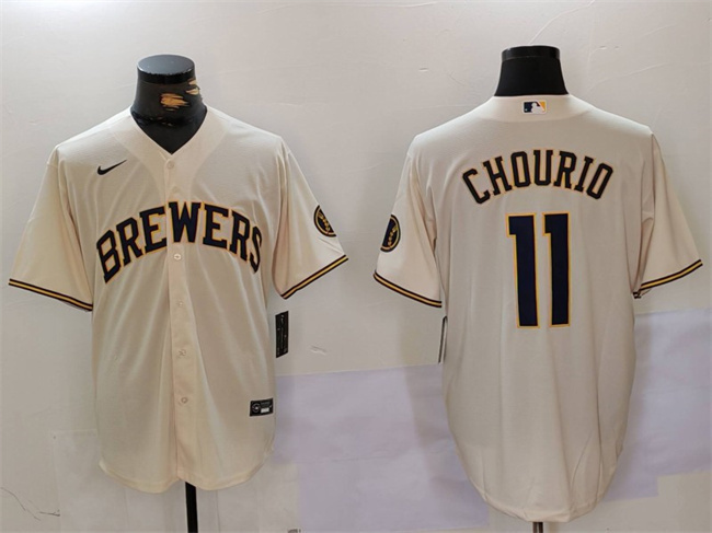 Men's Milwaukee Brewers #11 Jackson Chourio Cream Cool Base Stitched Jersey